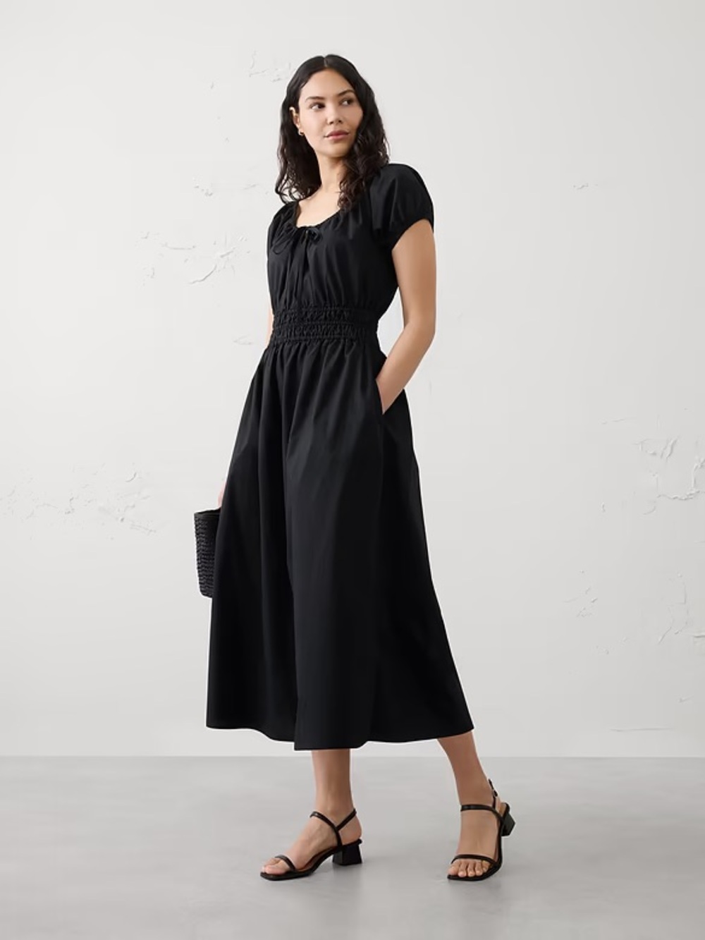 NEW! BANANA REPUBLIC BLACK POPLIN GATHERED-NECK MIDI DRESS - XL